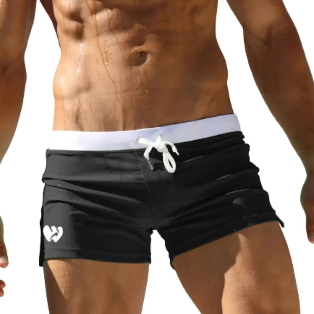 Men's Sexy Swim Trunks Back Pocket Resort Swimwear Black L